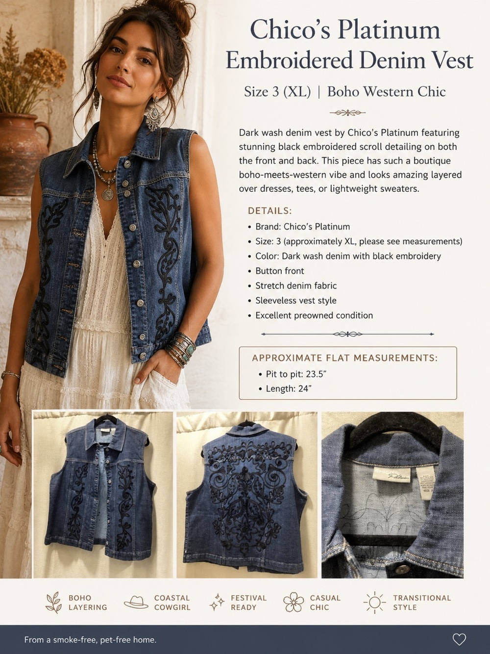 Chico’s Platinum Embroidered Denim Vest | Size 3 (XL) | Boho Western Chic